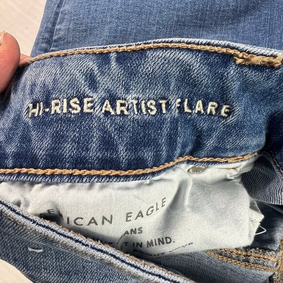 American Eagle Jean Women 37x30* High Rise Artist Flare Blue Faded Denim Tag 18R - Picture 8 of 16